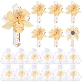 Relaxweex 12 Pcs Baptism Favors for Guests Epoxy Cross Fridge Magnets First Communion Cross with Flower, Bag Christian Souvenirs Gift for Baptism Christening Baby Shower Party Family Gathering (White)