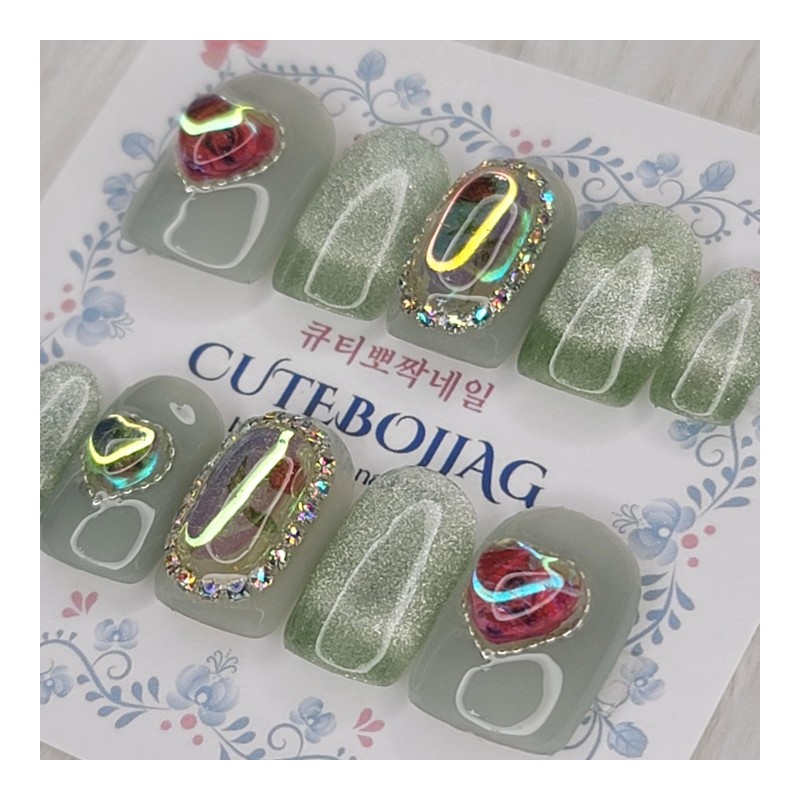 Rose Embed Handmade Nail Tips - Square L / 로즈