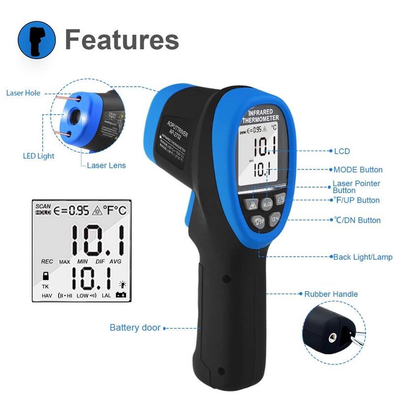 Pyrometer High Temp Thermometer Gun, AP-2732 Laser Thermometer Gun -58℉~2732℉(-50℃