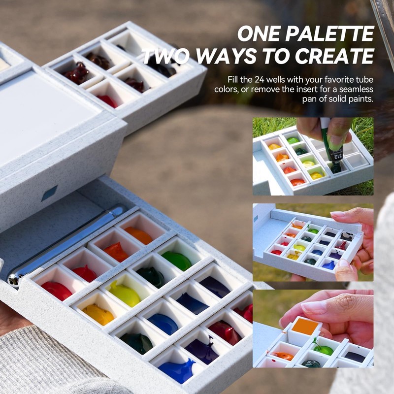 LIGHTWISH Travel Watercolor Palette Box, All-in-One Portable Watercolor Kit with
