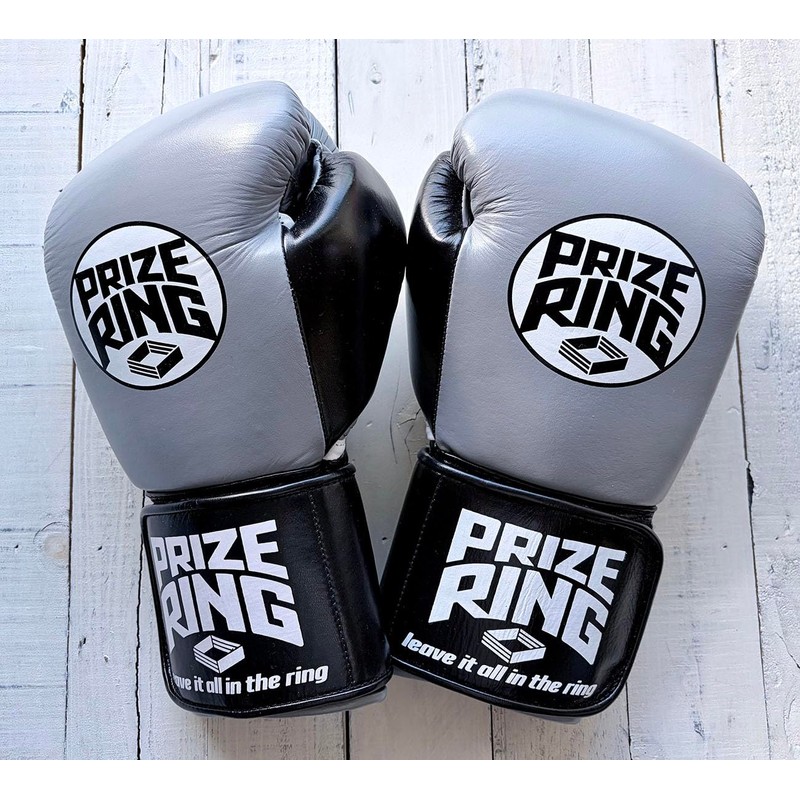 PRIZE RING "Professional 5.0" Genuine Leather Boxing Gloves Gray/Black (10oz)