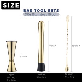 Gbuxska Gold Muddler for Cocktails, 10 Inches Bar Spoon, 1 oz 2 oz Double Jigger- Premium 3 Piece Gold Mixing Tools Set for Drinks