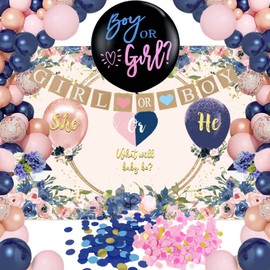 Gender Reveal Party Deko Set Babyparty Deko Boy or Girl Ballon Schwarz Luftballons mit Konfetti He or She Backdrop Dekoration Baby Geschlecht Verkünden Babyshower Mädchen oder Junge