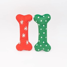 ZippyPaws - Holiday Patterned Bones - Soft Squeaker Plush Dog Bone Toy - Large, 2 Pack