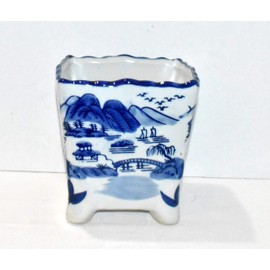 New 6" Cobalt Blue & White Oriental Mountain Water Theme Square with Feet Bonsai Planter Pot