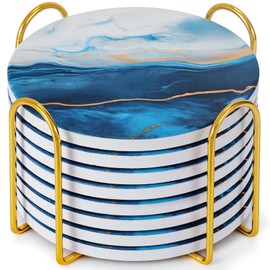 GOH DODD Coasters for Drinks Set of 8, Absorbent Marble Style Ceramic Coaster Set Cup Coasters Tabletop Protection Home Decor with Metal Golden Holder for Coffee Table, Navy Blue, Round, 4 Inches