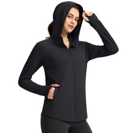 G Gradual Women's UPF 50+ Sun Protection Hoodie Jacket with Ponytail Hole and 4 Pockets Lightweight Long Sleeve Shirts for Hiking(Black,XXL)