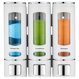 White 3-Chamber Wall Mounted Dispenser for Shower, Bathroom, Kitchen or Hotel - No Drilling Required, Holds Shampoo, Conditioner and Body Wash