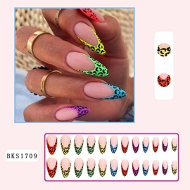 Colorful Leopard Print French Tip Press on Nails Almond Medium Length Matter False Nails With Sticky Tabs Full Cover Artificial Acrylic Fake Nails Glue on Nails for Women Girls Stick on Nails 24Pcs