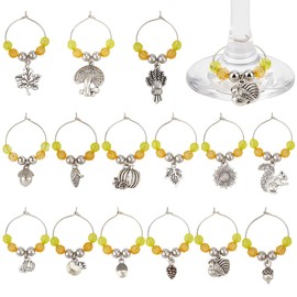 BENECREAT 15Pcs Thanksgiving Wine Glass Charms, Fall Wine Glass Identifiers with Yellow Transparent Beads, Alloy Markers with Pumpkin, Leaves, Squirrel, Wheat and Acorn Charms