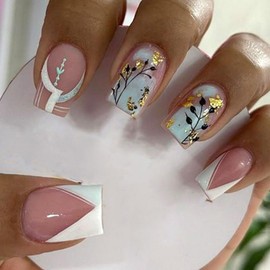 SUREGONAILS Medium Press on Nails Square Fake Nails SmudgeFlower Design False Nails French Tip Glue on Nails Glossy Nude Stick on Nails Black Leaf Acrylic Nails for Women 24PCS