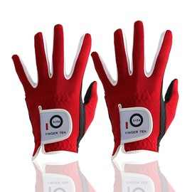 FINGER TEN Golf Gloves for Kids Junior Youth Toddler Boys Girls, Left Right Handed S M Large XL Size, Durable Quick Dry White Blue Red Yellow Extra Value 2 Pack Set (Red,Medium, Worn on Left Hand)