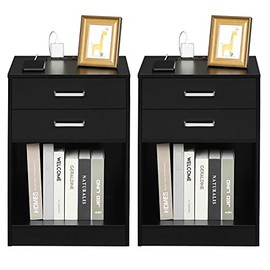 ADORNEVE Nightstands Set of 2,Black Nightstand with Charging Station & Drawers,Night Stands for Bedrooms Set of 2
