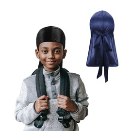 Century Star Kids Silky Satin Durags Head Wrap Silk Durag for Baby Boy Girls Wave Cap Wide Strap Long Tail Turban Beanies Black& Navy