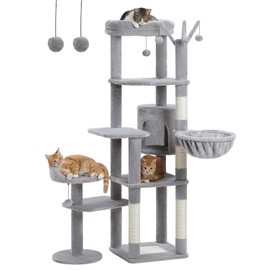 MUTTROS 59" Cat Tree, Tall Cat Tower for Large Cat, Multi-Level Tower with 3 Removable Pompom Sticks, Cat Tree for Indoor Cats, Condo with Large Hammock, Scratching Post, and 2 Perches, Grey