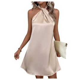 Floerns Floerns Women's Pearl Beaded Halter Twist Sleeveless Tie Back Dress A Line Dress Apricot Large