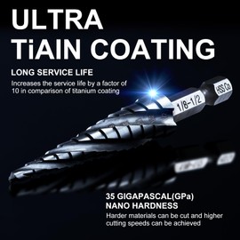 GRENPRO Step Drill Bit, 1/8"-1/2" Four Spiral Flute Cobalt Step Drill Bit, 1/4" Hex Shank Step Bit for Stainless Steel, Metal, Aluminum, Copper,Aluminum, Wood, PVC