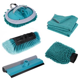 TelesPro Car Wash Brush with 3 Replaceable Brush Heads - Soft Car Brush, Chenille Car Wipe, Window Squeegee, Chenille Glove & 2 Microfiber Towel - Extension Pole Not Included.