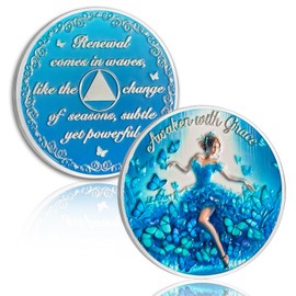 Sobriety Coin "Winter Transformation" AA/NA Recovery Medal - Ice Blue Butterfly Design with Serenity Prayer - Inspirational Christmas Gift for Women in Abstinence