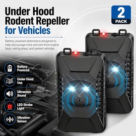 Rodent Repellent for Car Engine, Battery Powered Under Hood Ultrasonic Mouse Repellent with LED Strobe Light & Vibration Sensor, Protects Vehicle Wiring for Cars, Trucks, SUVs, RVs, Garage Use