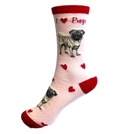 Ladies Dog Lover socks with cute dog image, 'Love Dogs' text and hearts design, one size, quality cotton mix, great novelty dog lover gift (Pug)