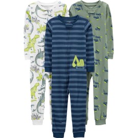 Simple Joys by Carter's Baby Boys' 3-Pack Snug Fit Footless Cotton Pajamas, Blue Stripe/Green Trucks/White Dinosaur, 4T