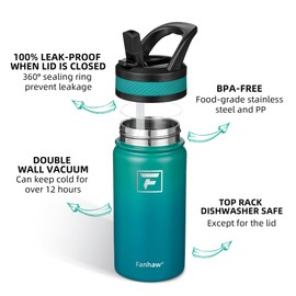 Fanhaw 18 Oz Kids Insulated Water Bottle with Straw Lid – Stainless Steel Double Wall Vacuum, Leak-Proof, BPA-Free Water Bottles for School Boys & Girls(Green Blue)
