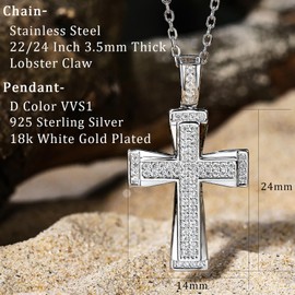 SweetJew Mens Moissanite Cross Pendant Necklace 925 Sterling Silver D Color VVS1 18k White Gold Plated Gift for Him 24 inch Chain