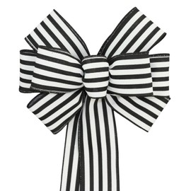 Black White Cabana Stripe Wreath Bow - Handmade in USA (8 inches wide)