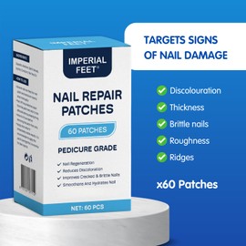Imperial Feet Nail Repair Patches (PEDICURE GRADE)-Nail Regeneration, Reduces Discoloration, Improves Cracked, Brittle Nails, Thickness, Roughness, & Ridges - Smoothens and Hydrates Nail - 60 Patches