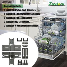 Upgraded 10-Pack Dishwasher Parts Kit: W10350375 Top Rack Adjuster, W10195839 Rack Adjuster, W10195840 Arm Positioner, 10508950 Stop Clip, W10250160 Clip Lock - Compatible with Whirlpool & Ke-mo-re
