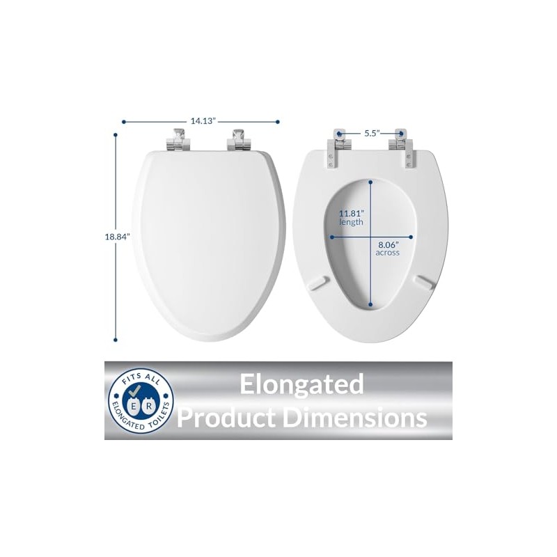 Plexon Toilet Seat with Chrome Hinges, Slow Close Wood Seat,