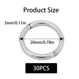 30 PCS 20mm(0.79") Outer Dia 3MM(0.12") Thickness Welded O-Rings Multi-Purpose 304 Stainless Steel O Rings Smooth Strapping Welded Round Rings for Hardware Bags Ring Hand DIY Accessories and Dog Leas