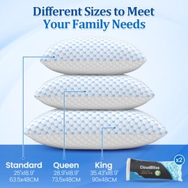 CloudBliss Cooling Bed Set of 2 Pillows for Sleeping, Shredded Memory Foam Pillows with Washable & Breathable Pillowcase, Adjustable Height Pillow for Side, Back and Stomach Sleepers, Standard Size