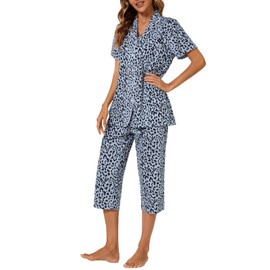 Tugege Capri Pajamas Set Womens Button Down Short Sleeve Lounge Sets Sleepwear Notch Collar Top & Capri 2 Piece PJ Sets, Black Leopard, XX-Large