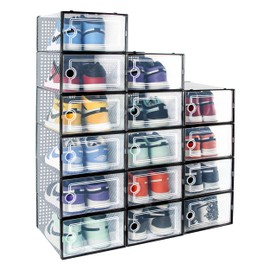 Hrrsaki Stackable Clear Shoe Storage Boxes - 15 Pack Foldable Organizers for Closet and Entryway, White