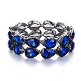 BriLove Wedding Bridal Bracelet for Brides Bridesmaids, Elegant Crystal Double Row Teardrop Cluster Bangle Stretch for Women Sapphire Color Black-Tone