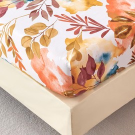 Fitted Sheet 150 x 200 cm - Colourful Autumn Floral Pattern - Fitted Sheet up to 30 cm Mattress Height - Bed Sheet Soft Polyester Microfibre Mustard Yellow