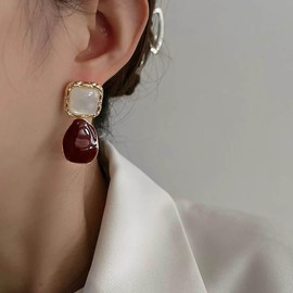 Inilbran Boho Coral Drop Earrings Red Coral Gemstone Earrings Vintage Moonstone Stud Earrings Vintage Opal Gemstone Earrings Jewellery for Women and Girls, Zinc, No Gemstone