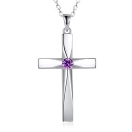 DAYLINLOVE Cross Pendant Necklace 925 Sterling Silver Origami Cross Birthstone Pendant Necklace Religious Cross Gifts for Women Mother‘s Day Jewelry Gifts (February)