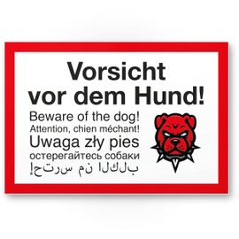 Komma Security Caution Dog Multilingual Angry Style 6 Languages – Dog Sign Sign Property – Door Sign Front Door Warning Sign Burglary Protection – Warning Dog
