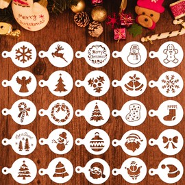 Qpout 25pcs Christmas Cookie Stencil Set, Xmas Party Cookie Fondant Coffee Decoration Embossing Mold, Santa Claus Christmas Tree Snowflake Christmas Stocking Bell Snowman Plastic Painting Templates