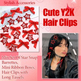 STGDAK 24Pcs Hair Ribbon Bow Hair Clip Red Star Snap Barrette Mini Bows Cute Star Clip Ribbon Bow Long Tassel Satin Bows Alligator Clips Kawaii Barrettes Coquette Y2k Accessories For Women Girls