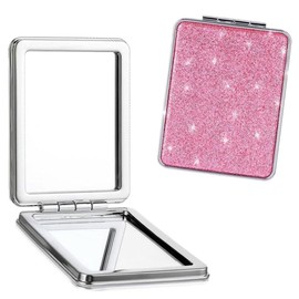 Mpowtech Pink Compact Mirror for Women,Small Pocket Mirror,Purse Mirror with Glitter,Portable Travel Makeup Mini Mirror,Folding Handheld 2-Sided 1x/2x Magnifying Compact Mirror for Gift