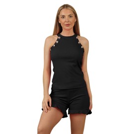 janisramone® Womens Co Ord Sets Ribbed Frill Shorts and Top Set Sleeveless Vest Crew Neck With Gold Buttons, Holiday Clothes for Women UK, Summer Co Ord Sets for Women