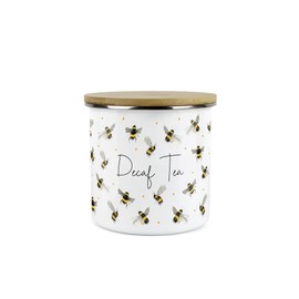 Purely Home Scattered Bees Decaf Tea Canister - White Metal Enamel Kitchen Medium Sized Food Storage Container