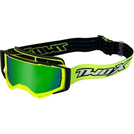 TWO-X Atom Cross Goggles - Motocross Goggles with Mirrored Green Lens - Motorcycle Goggles - Enduro & Downhill - Safety Goggles - Vortex Neon Yellow