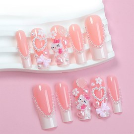 White French Tip Press on Nails Long Fake Nails Square Acrylic Nails with Cute Flower Pearl Bow Charm Design False Nails Glue on Nails Artificial Stick on Nails for Women 24 Pcs