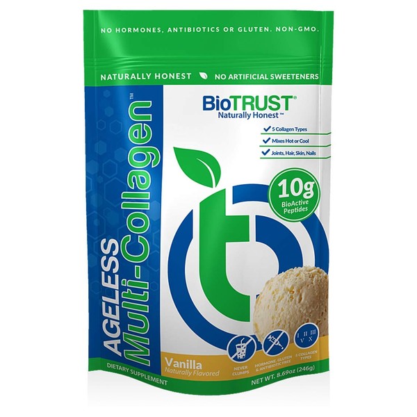 BioTrust Ageless Multi Collagen Protein a 5-in-1 Collagen Powder, 5 Collagen Types, Hydrolyzed Collagen Peptides, Grass-Fed Beef, Sustainable Fish, Chicken and Eggshell Membrane (Vanilla)