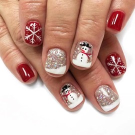 Christmas Press on Nails Short Square Fake Nails with Snowman Snowflake Designs White French Tip Nails Press ons Glitter Acrylic Nails Glossy Glue on Nails Red Stick on Nails for Women 24Pcs